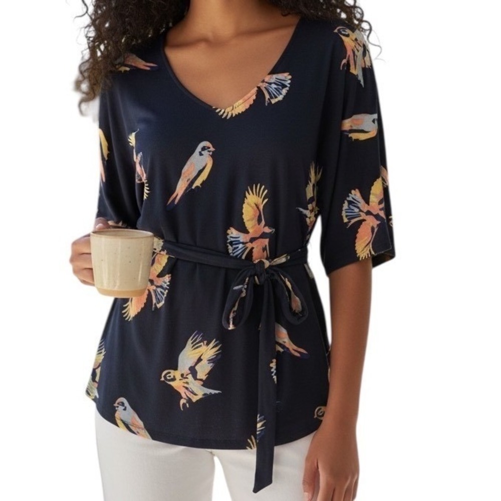 ANTHROPOLOGIE DELETTA Navy Bird Print Belted Tunic Top EUC Size Small